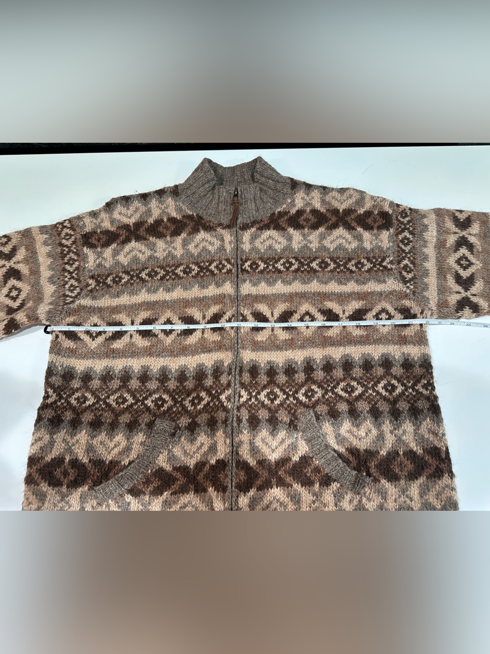 Vintage Lauren Ralph Lauren Hand Knit Llama Wool Fair Isle Zip Cardigan Sz Large - Picture 7 of 9
